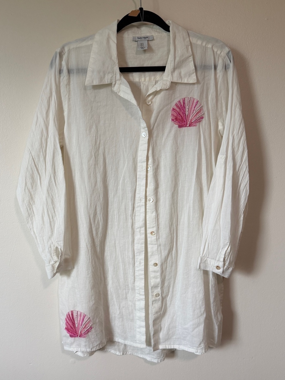 Haute Hippe beaded seashell 100% cotton resort wear button up dress size Medium